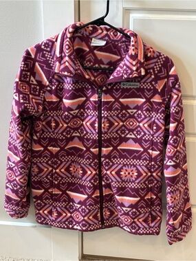 Columbia Girls' Maroon Geo-Print Fleece Jacket with Pink & Peach Accents